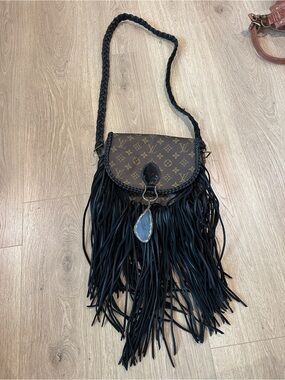 Vintage Boho Monogram Fringe World Traveler Crossbody Bag with Braided Strap